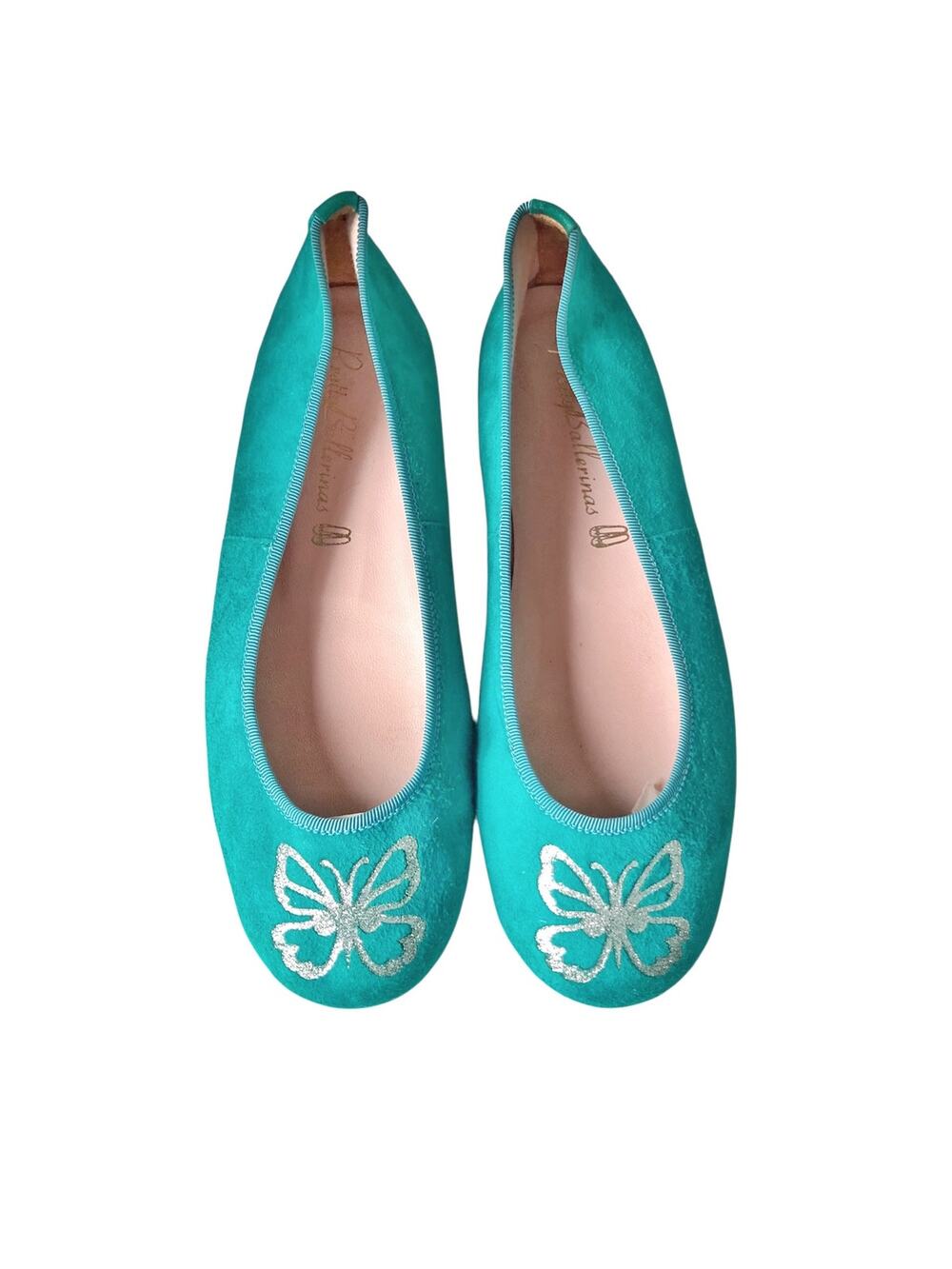 Pretty Ballerinas Teal Suede Butterfly Ballet Flats Round Toe Y2K Made in Spain